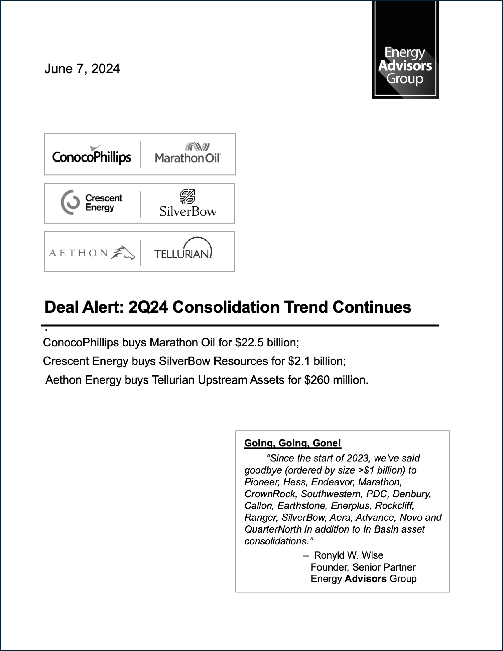 DEAL ALERT (COP, CRGY, SBOW) - Energy Advisors Group DEAL ALERT (COP, CRGY, SBOW)